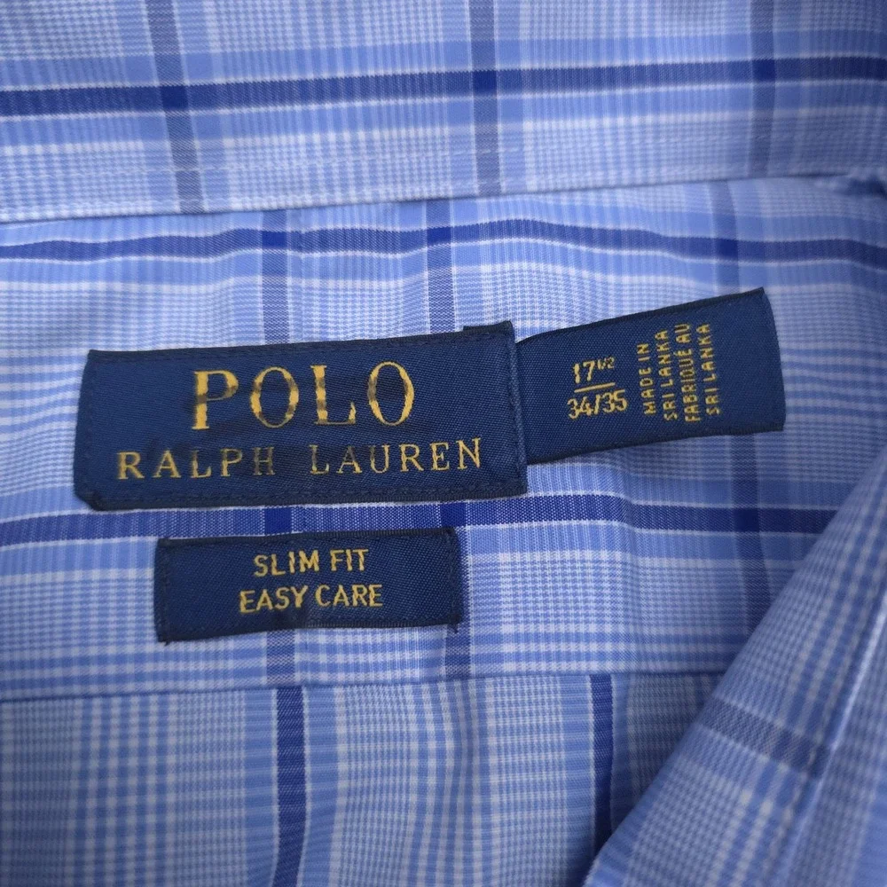Polo Ralph Lauren Mens 17.5 34/35 Blue Plaid Slim Fit Button‎ Up Shirt